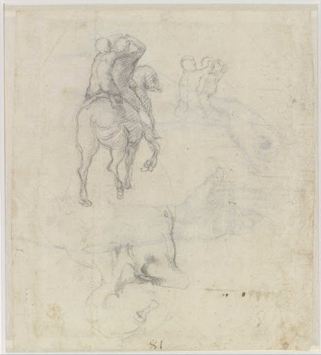 Studies of a Horse with Two Nude Riders and a Male Torso Poster | Michelangelo Art Print (1508)