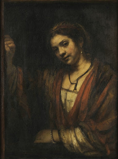 Young Woman at an Open Door Poster | Rembrandt van Rijn Art Print (1654)