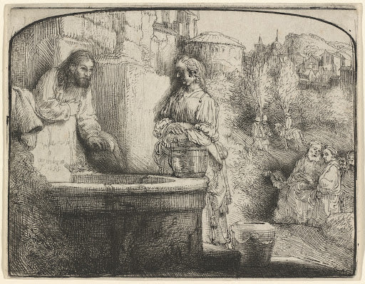 Christ and the Woman of Samaria (Arched Print) Poster | Rembrandt van Rijn Art Print (1658)