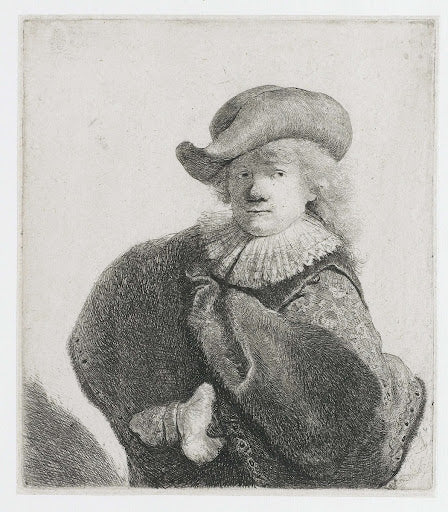 Self-Portrait in a Soft Hat and Patterned Cloak Poster | Rembrandt van Rijn Art Print (1631)
