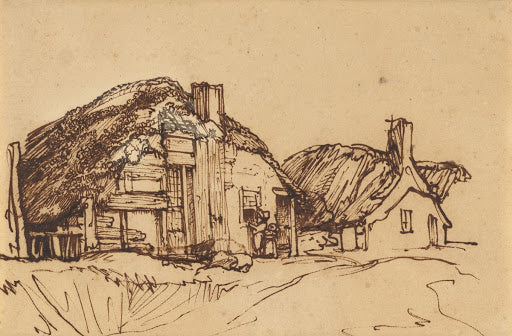 Two Thatched Cottages with Figures at a Window Poster | Rembrandt van Rijn Art Print (1640)