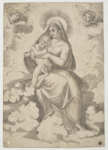 Madonna and Child with Cherubs Poster | Marcantonio Raimondi after Raphael Art Print (1511)