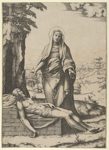 The Virgin Mourning the Dead Christ Poster | Marcantonio Raimondi after Raphael Art Print (1515)