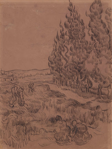 Cypresses with Four People Working in the Field Poster | Vincent van Gogh Art Print