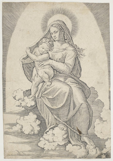 Madonna and Child Seated on Clouds Poster | Marcantonio Raimondi after Raphael Art Print (1510)