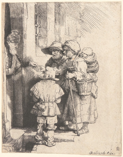 Beggars Receiving Alms at the Door of a House Poster | Rembrandt van Rijn Art Print (1648)