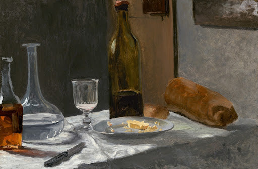 Still Life with Bottle, Carafe, Bread, and Wine Poster | Claude Monet Art Print (1862)