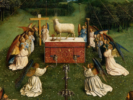 Ghent Altarpiece: The Lamb with Kneeling Angels Poster | Hubert and Jan van Eyck Art Print (1432)