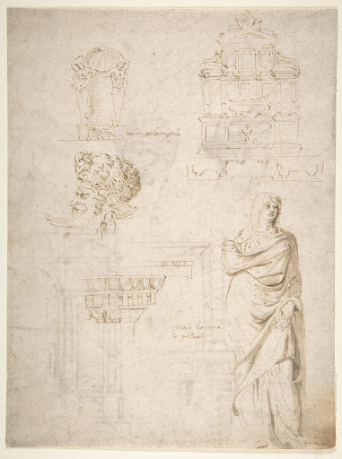 Sketches of a Funeral Monument, a Niche with Statues and a Helmet Poster | Michelangelo Art Print