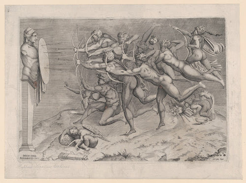 Archers Shooting at a Herm (Beatrizet Engraving) Poster | After Michelangelo Art Print (1540)