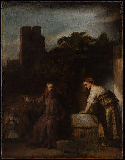 Christ and the Woman of Samaria Poster | Style of Rembrandt Art Print (1650)