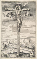 Crucifixion with Two Angels (Bonasone Engraving) Poster | After Michelangelo Art Print (1540)