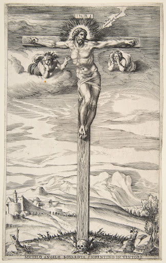 Crucifixion with Two Angels (Bonasone Engraving) Poster | After Michelangelo Art Print (1540)