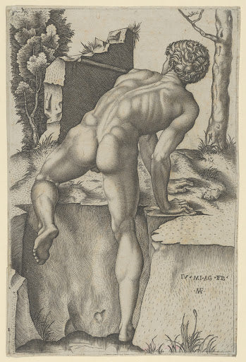 Naked Man Climbing a River Bank (Raimondi Engraving) Poster | After Michelangelo Art Print (1509)