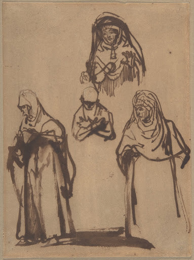 Study Sheet with Three Women and a Boy Poster | Rembrandt van Rijn Art Print (1638)