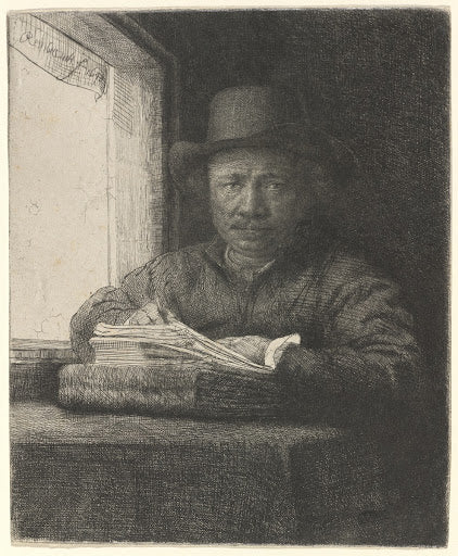 Self-Portrait Drawing at a Window Poster | Rembrandt van Rijn Art Print (1648)