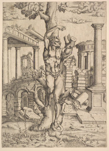 Man Bound to a Tree (Master I O V Etching) Poster | After Michelangelo Art Print (1543)