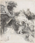 St Jerome Reading in an Italian Landscape Poster | Rembrandt van Rijn Art Print (1653)