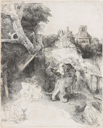 St Jerome Reading in an Italian Landscape Poster | Rembrandt van Rijn Art Print (1653)